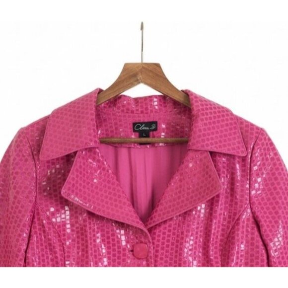 Clara S. Bright Pink Blazer w a Square Print Barbiecore Statement Textured - Picture 4 of 4